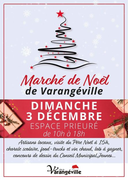 Affiche regroupant les informations principales du Marché de Noël 2023 de Varangéville qui se déroulera le 3 décembre à l'espace Prieuré. L'association des Fous du Volant tiendra la buvette.